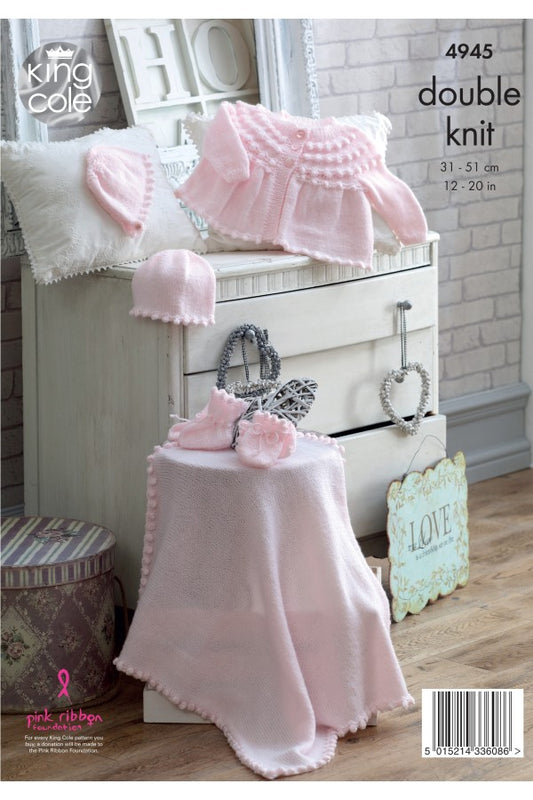 KING COLE 4945 Jacket, Hat, Bonnet, Mittens, Bootees & Blanket in Comfort Baby DK