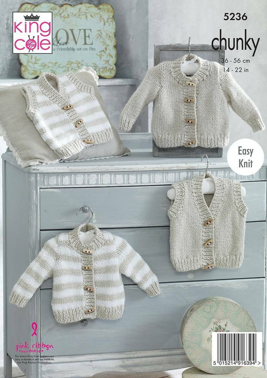 KING COLE 5236 Striped & Plain Cardigans and Waistcoats in Big Value Baby Chunky