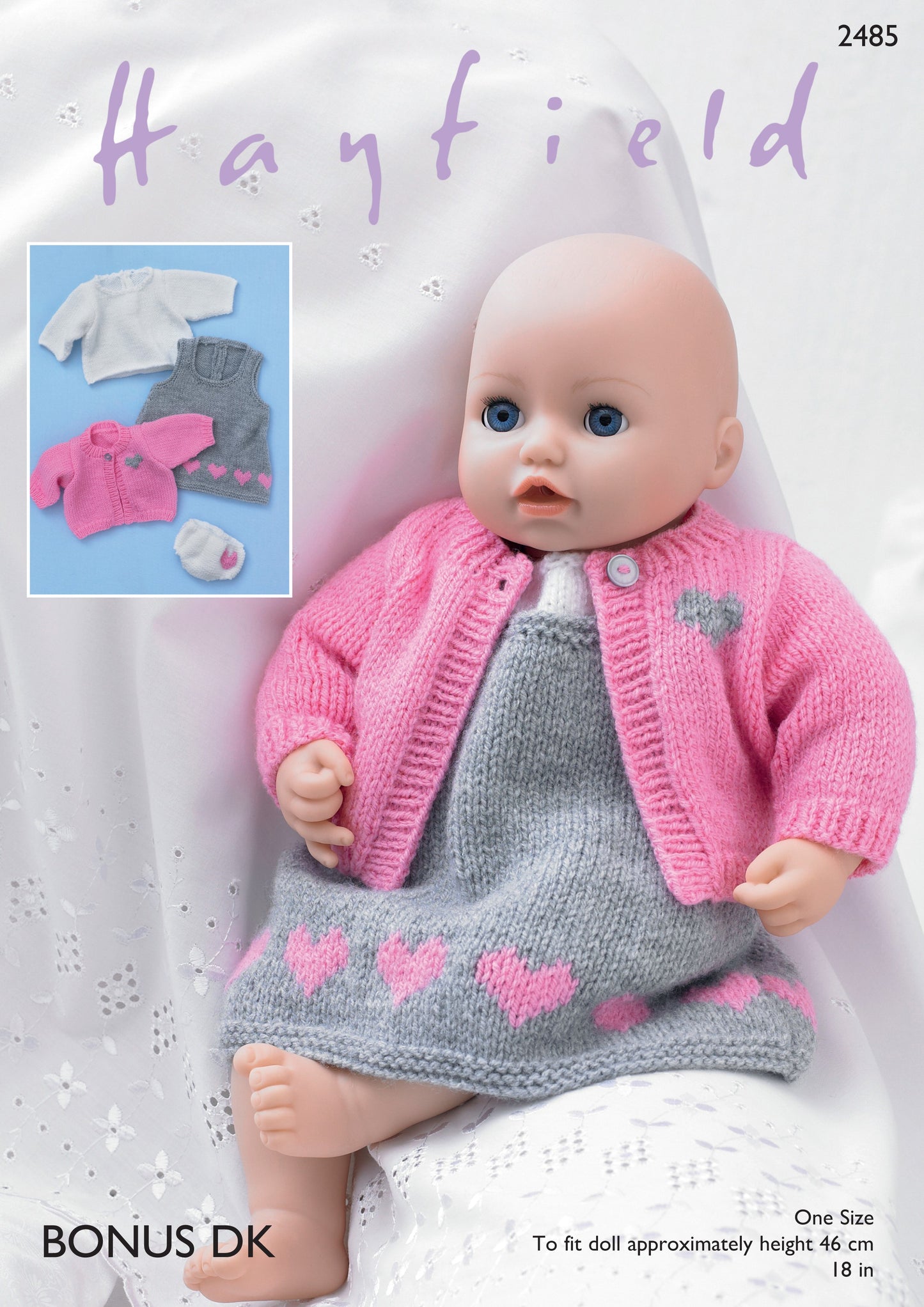 SIRDAR 2485 Baby Dolls’ Pinafore, Cardigan, Top & Pants in Bonus DK