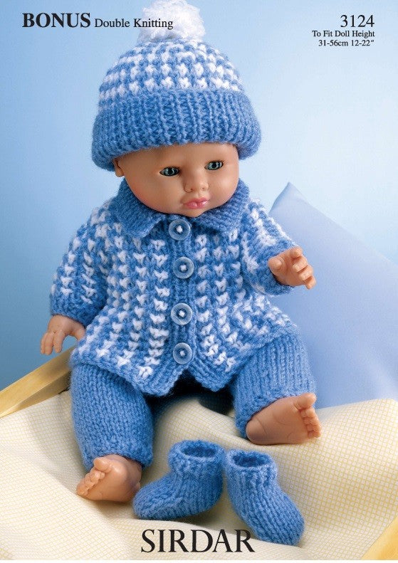 SIRDAR 3124 Doll Coat, Hat, Trousers & Boots in Hayfield Bonus DK