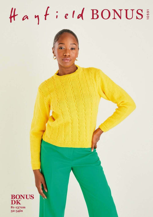 SIRDAR 10591  Round‑Neck Sweater (zig‑zag twisted cabling) in Hayfield Bonus DK