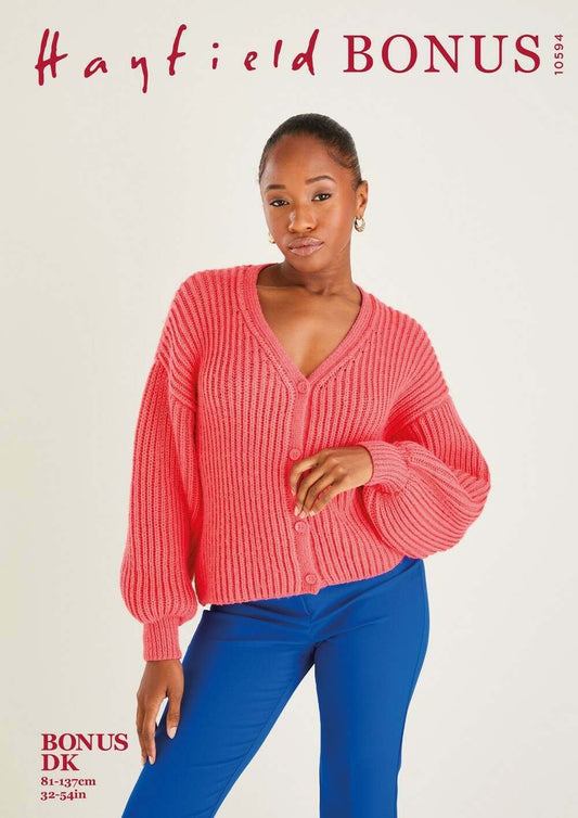 SIRDAR 10594  V‑Neck Cardigan (fisherman’s rib) in Hayfield Bonus DK