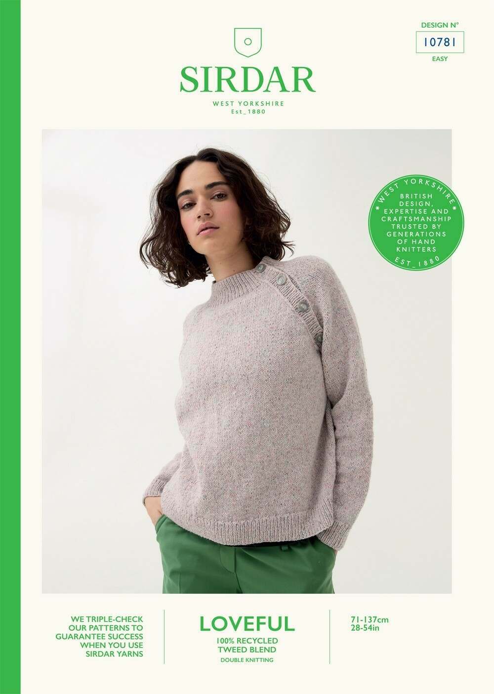 SIRDAR 10781  Buttoned Raglan Sweater in Sirdar Loveful 100% Recycled Tweed DK