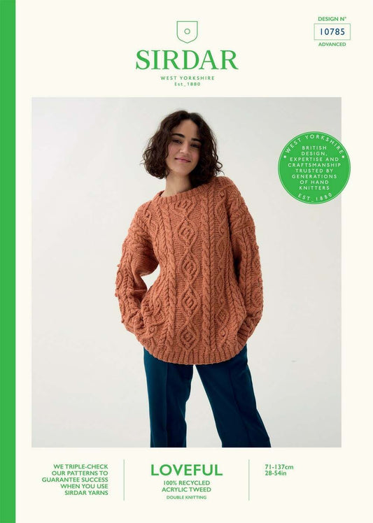 SIRDAR 10785  Cable Crew Sweater in Sirdar Loveful 100% Recycled Tweed DK
