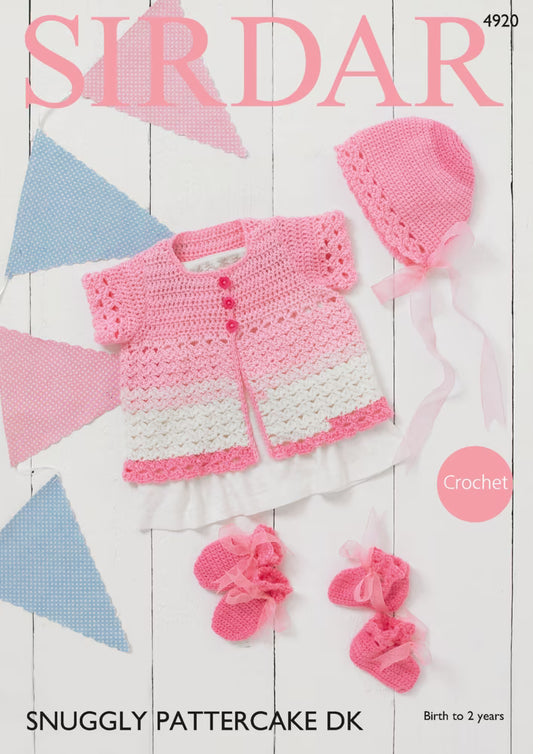 SIRDAR 4920  Cardigan, Bonnet, Mittens & Bootees (Crochet) in Snuggly Pattercake DK