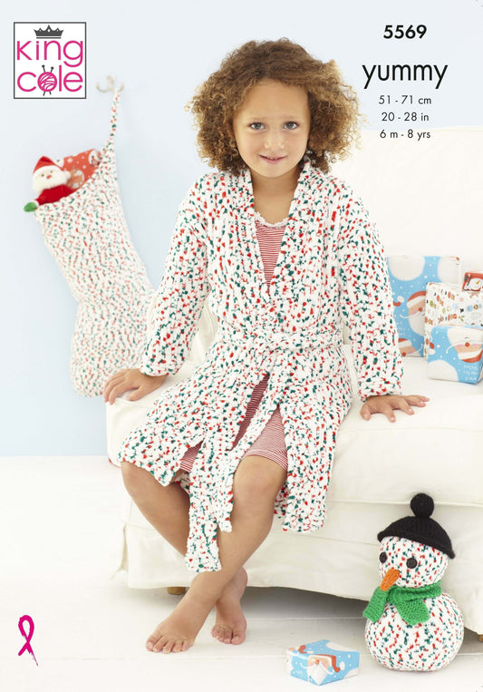 KING COLE 5569  Dressing Gown, Snowman and Stocking in Yummy