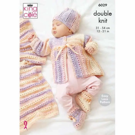 KING COLE 6029  Cardigan, Matinee Coat, Hat, Booties & Blanket in Cutie Pie DK