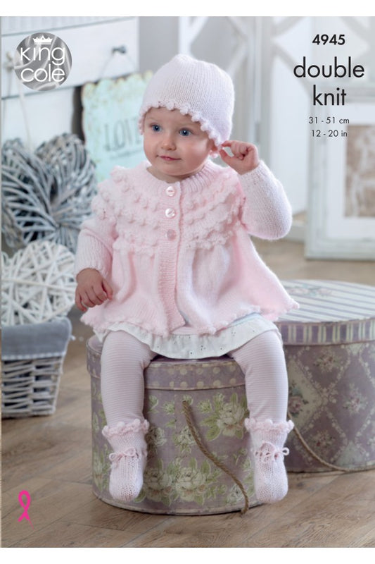 KING COLE 4945  Jacket, Hat, Bonnet, Mittens, Bootees & Blanket in Comfort Baby DK
