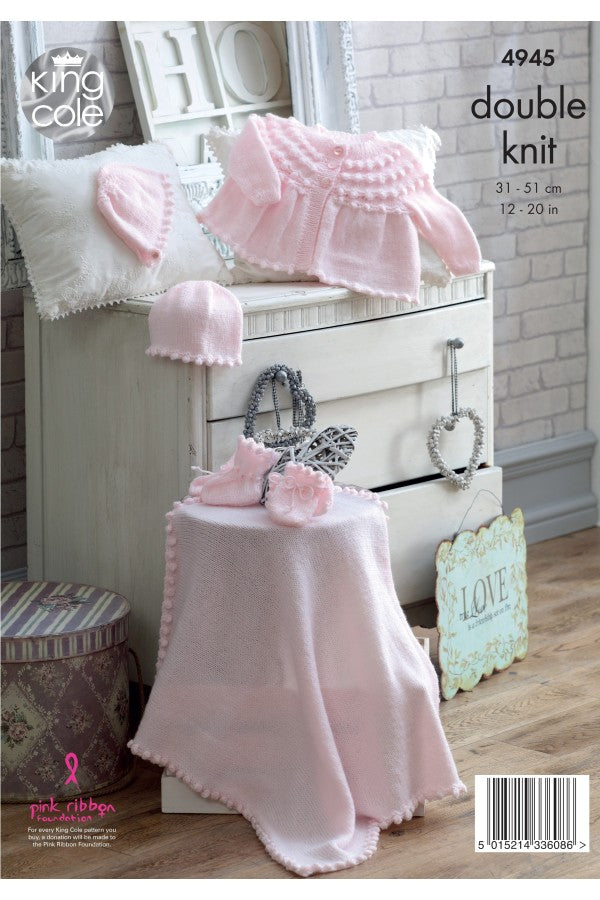 KING COLE 4945  Jacket, Hat, Bonnet, Mittens, Bootees & Blanket in Comfort Baby DK