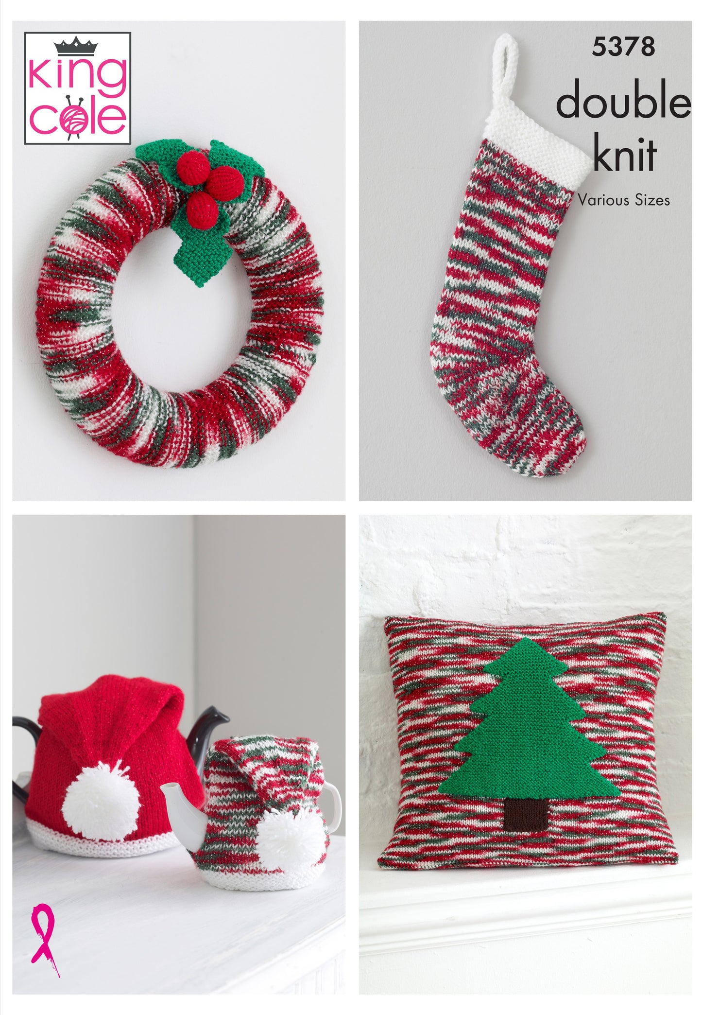 KING COLE 5378  Christmas Accessories: Wreath, Stocking, Tea Cosy & Cushion in Glitz DK