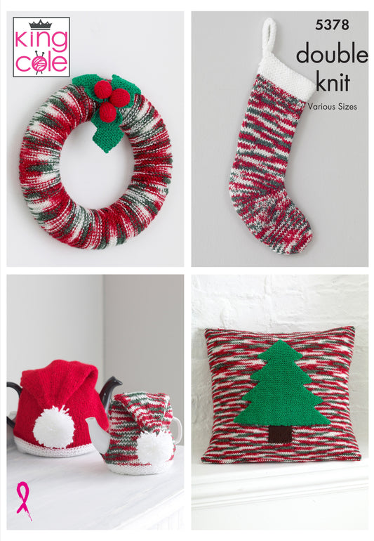 KING COLE 5378  Christmas Accessories: Wreath, Stocking, Tea Cosy & Cushion in Glitz DK