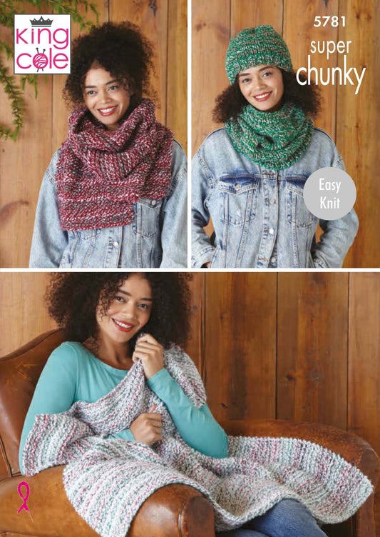 KING COLE 5781  Throw, Scarf, Snood and Hat in Christmas Super Chunky