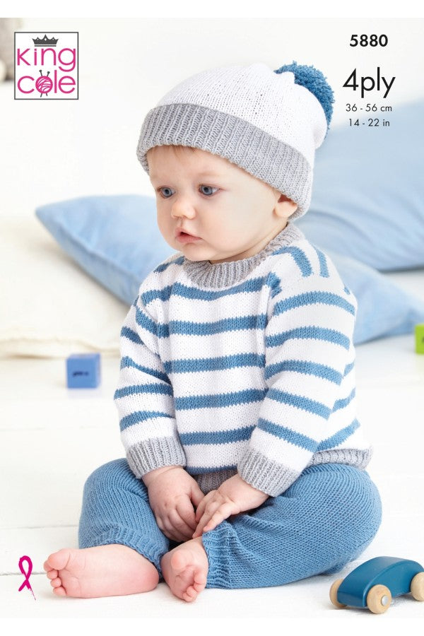 KING COLE 5880  Baby Set: Sweater, Hoodie, Trousers & Hats (4 Ply)