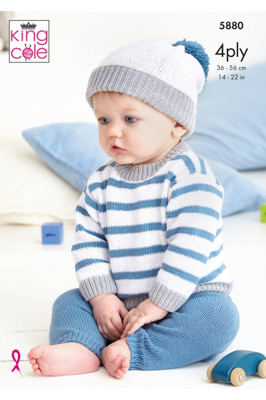 KING COLE 5880  Baby Set: Sweater, Hoodie, Trousers & Hats (4 Ply)