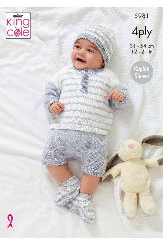 KING COLE 5981  Sweaters, Pants, Hat & Bootees in Cherished 4 Ply