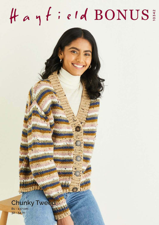 SIRDAR 10342  Striped Cardigan in Hayfield Bonus Chunky Tweed