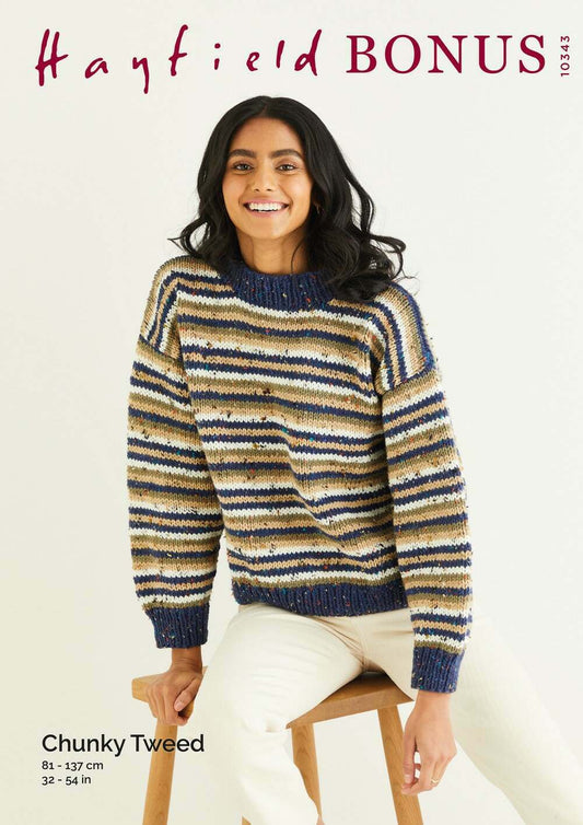 SIRDAR 10343  Striped Crew Neck Sweater in Hayfield Bonus Chunky Tweed