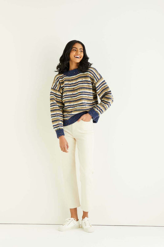 SIRDAR 10343  Striped Crew Neck Sweater in Hayfield Bonus Chunky Tweed