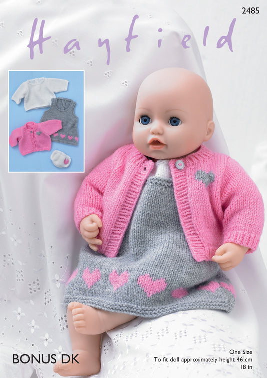 SIRDAR 2485  Baby Dolls’ Pinafore, Cardigan, Top & Pants in Bonus DK